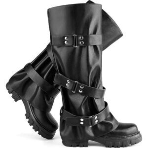 Women's Black Fold Over Round Toe Stylish Platform Low Heel Wide Calf Boots